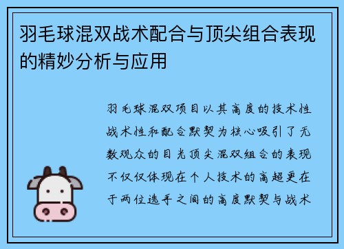 羽毛球混双战术配合与顶尖组合表现的精妙分析与应用