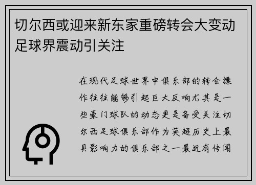 切尔西或迎来新东家重磅转会大变动足球界震动引关注